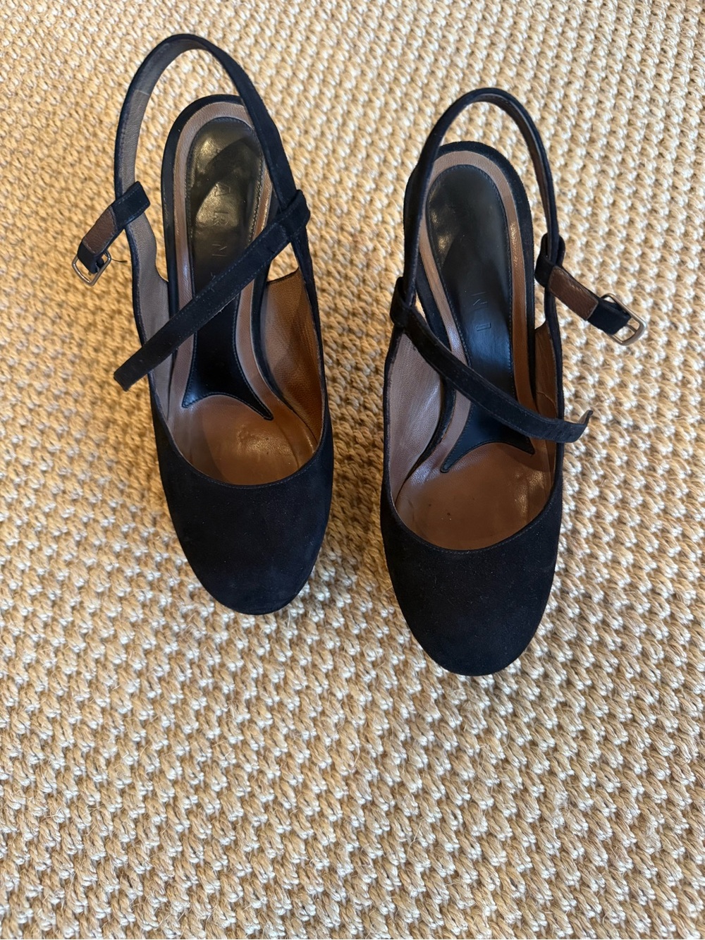 Marni Women's Black Suede Slingback Pumps platform 5 inc high size 38 French